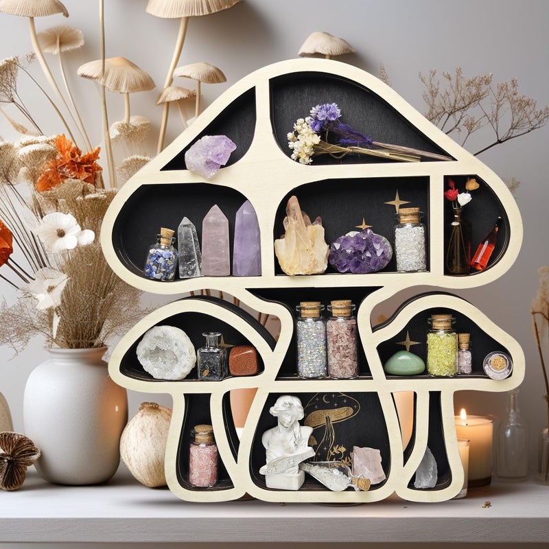 FNYDOX Wooden Mushroom Floating Shelves, Crystal Display Shelf for Wall, Cute Mushroom Wall Decor, Rock Gem Stone Storage Organizer, Essential Oil Holder Hanging Case, Meditation Art Spiritual Gift - Image 2
