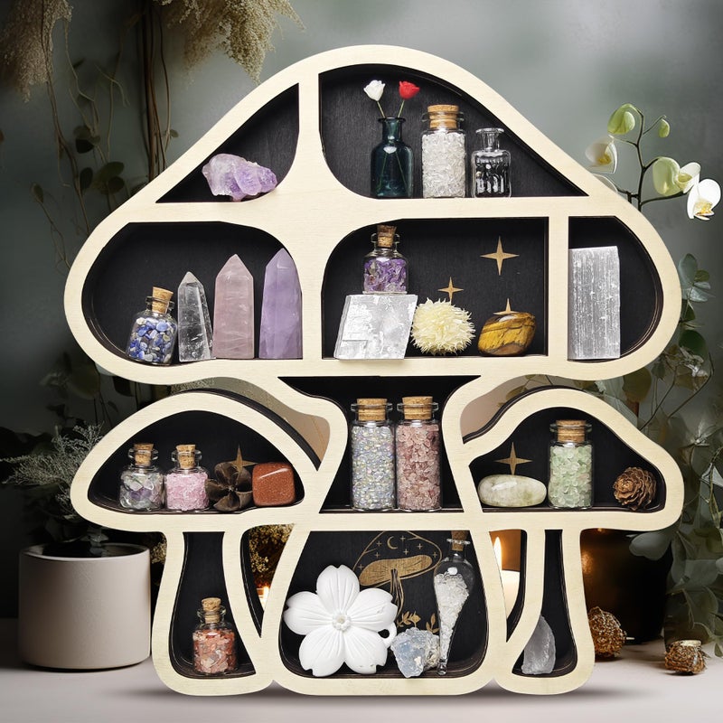 FNYDOX Wooden Mushroom Floating Shelves, Crystal Display Shelf for Wall, Cute Mushroom Wall Decor, Rock Gem Stone Storage Organizer, Essential Oil Holder Hanging Case, Meditation Art Spiritual Gift - Image 5
