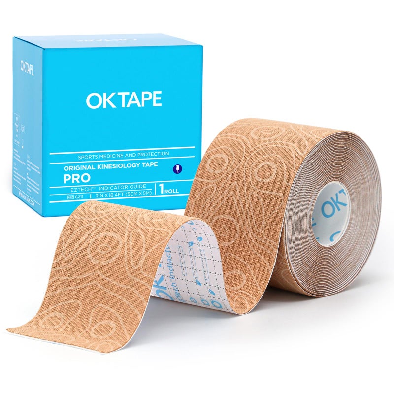 OK TAPE شريط كينيسيو برو للعلاج لتخفيف الألم ودعم العضلات ومنع الإصابات - شريط رياضي خالي من اللاتكس ويدوم حتى 5 أيام - لفة غير مقطوعة 2 بوصة × 16.4 قدم باللون الأصفر والأخضر - Image 1