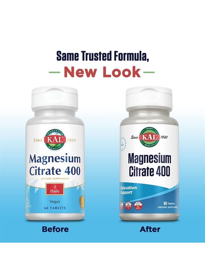 KAL مغنيسيوم سترات 400 ملغ، مكمل مغنيسيوم لوظيفة العضلات الصحية، الاسترخاء، دعم الأعصاب والدورة الدموية، أقراص تفكك سريع، نباتي، خالي من الغلوتين، 30 حصة، 60 قرص - Image 2