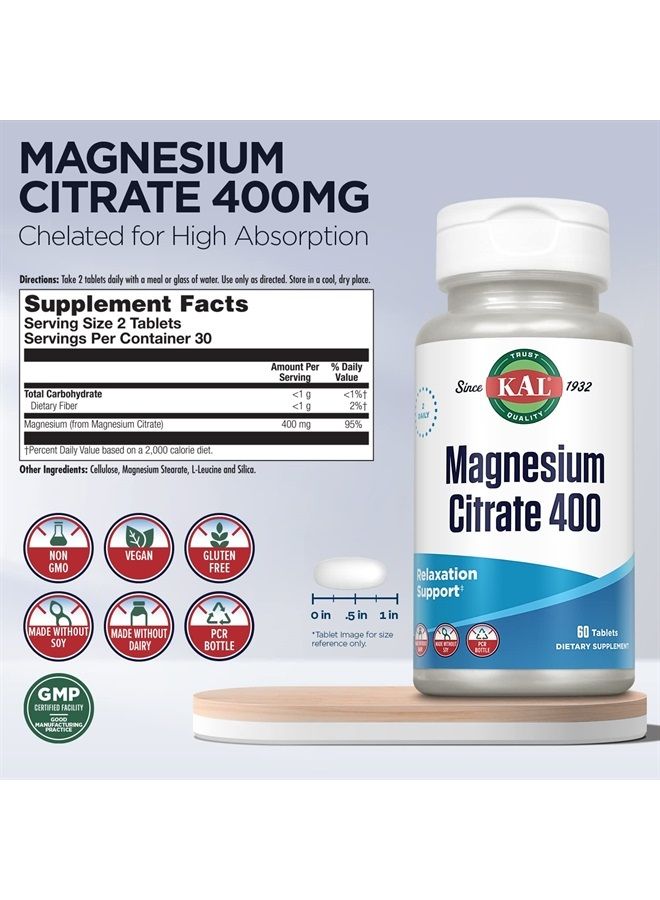 KAL مغنيسيوم سترات 400 ملغ، مكمل مغنيسيوم لوظيفة العضلات الصحية، الاسترخاء، دعم الأعصاب والدورة الدموية، أقراص تفكك سريع، نباتي، خالي من الغلوتين، 30 حصة، 60 قرص - Image 3