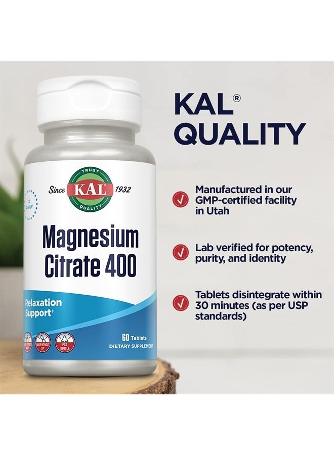 KAL مغنيسيوم سترات 400 ملغ، مكمل مغنيسيوم لوظيفة العضلات الصحية، الاسترخاء، دعم الأعصاب والدورة الدموية، أقراص تفكك سريع، نباتي، خالي من الغلوتين، 30 حصة، 60 قرص - Image 5