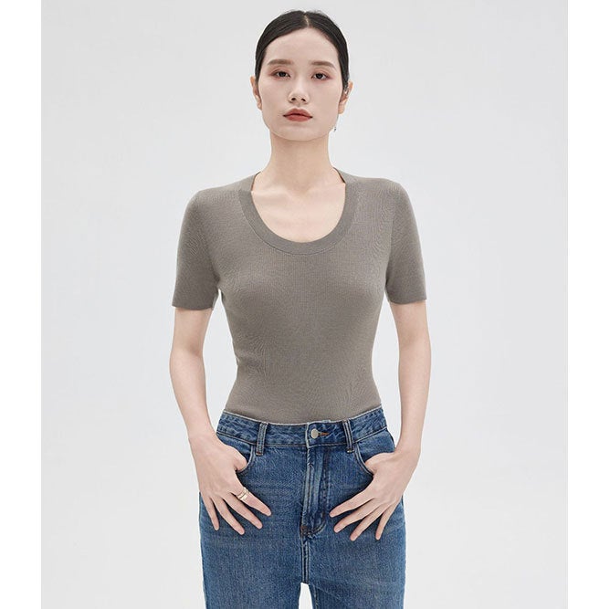 Summer Wool Knit U-Neck T-Shirt Women Black - Image 2