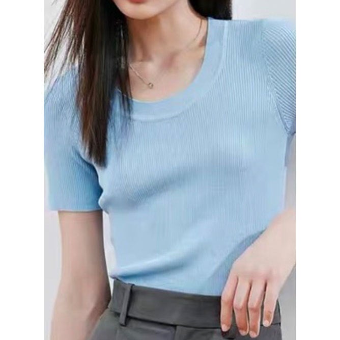 Summer Wool Knit U-Neck T-Shirt Women Black - Image 4