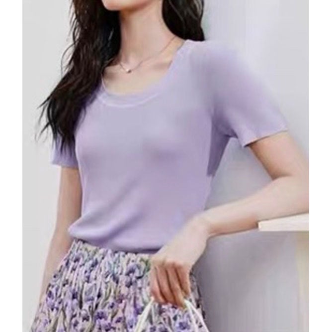 Summer Wool Knit U-Neck T-Shirt Women Black - Image 5