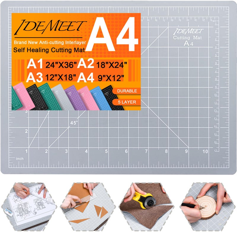 Idemeet Density-upgraded 9"x12" Self Healing Cutting Mat, Idemeet Rotary Sewing Mat for Crafts, 5-Ply Blade Table Protector Cut Board for Fabric Leather Cutting Quilting Modeling Hobby Project, A4, Gray - Image 1