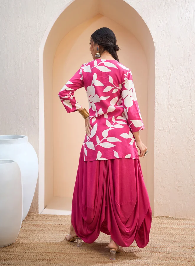SASSAFRAS Sassafras Pink Floral Embroidered Kurta and Dhoti Skirt Set