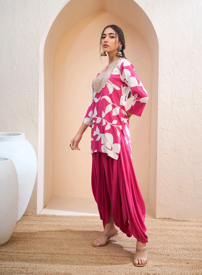 SASSAFRAS Sassafras Pink Floral Embroidered Kurta and Dhoti Skirt Set