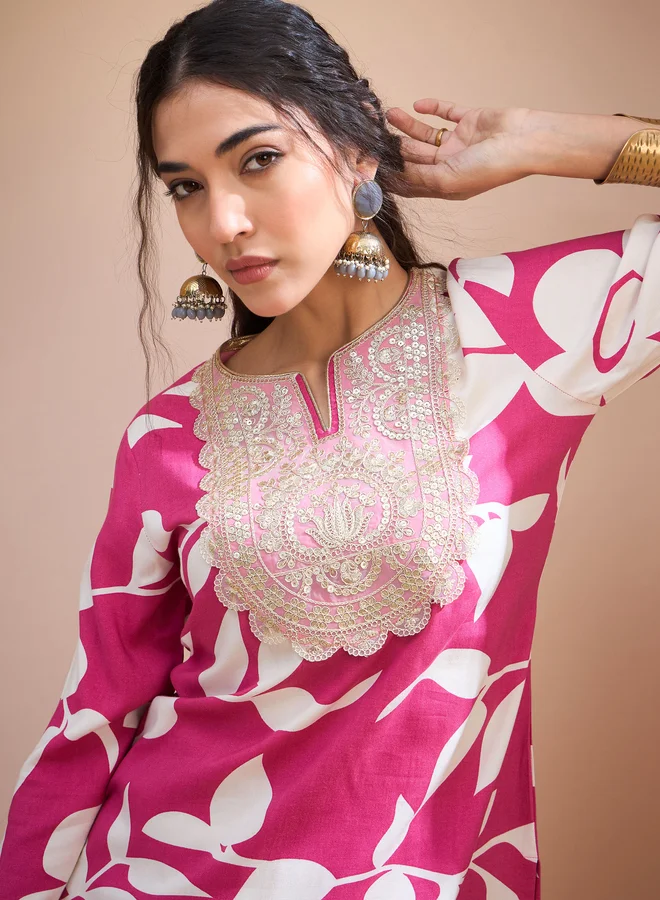 SASSAFRAS Sassafras Pink Floral Embroidered Kurta and Dhoti Skirt Set