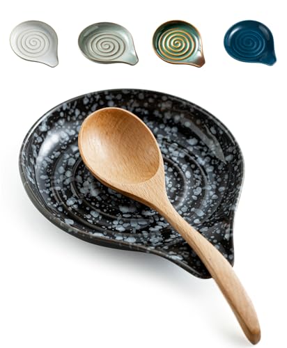 LAUCHUH Spoon Rest for Stove Top, 5 inch Ceramic Spoon Holder for Kitchen Counter Large Ladle Holder for Spatula, Spoons or Tong, Farmhouse Kitchen Decor, Heat-Resistant, Starry Black - Image 1