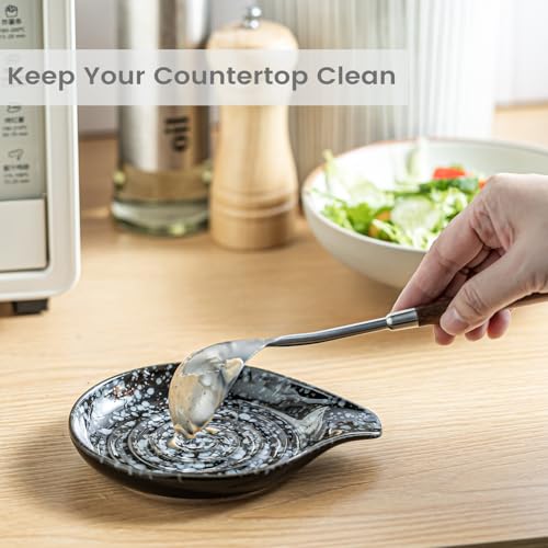 LAUCHUH Spoon Rest for Stove Top, 5 inch Ceramic Spoon Holder for Kitchen Counter Large Ladle Holder for Spatula, Spoons or Tong, Farmhouse Kitchen Decor, Heat-Resistant, Starry Black - Image 4