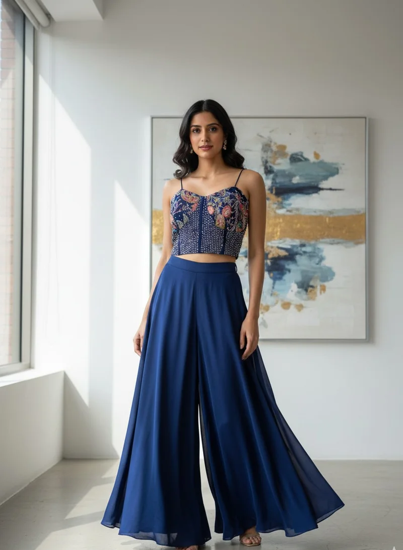 Lehar Sapphire Embroidered Corset Top & Palazzo Set with Dupatta
