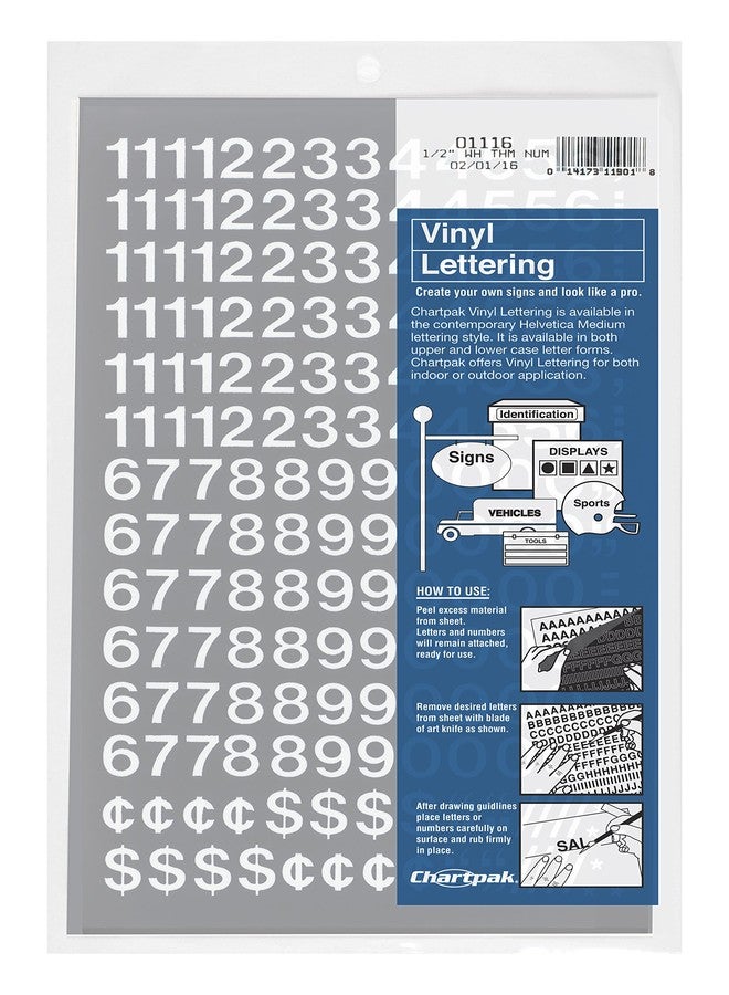 CHARTPAK Self-Adhesive Vinyl Numbers, 1/2 Inch High, White, 210 per Pack (01116) - Image 1