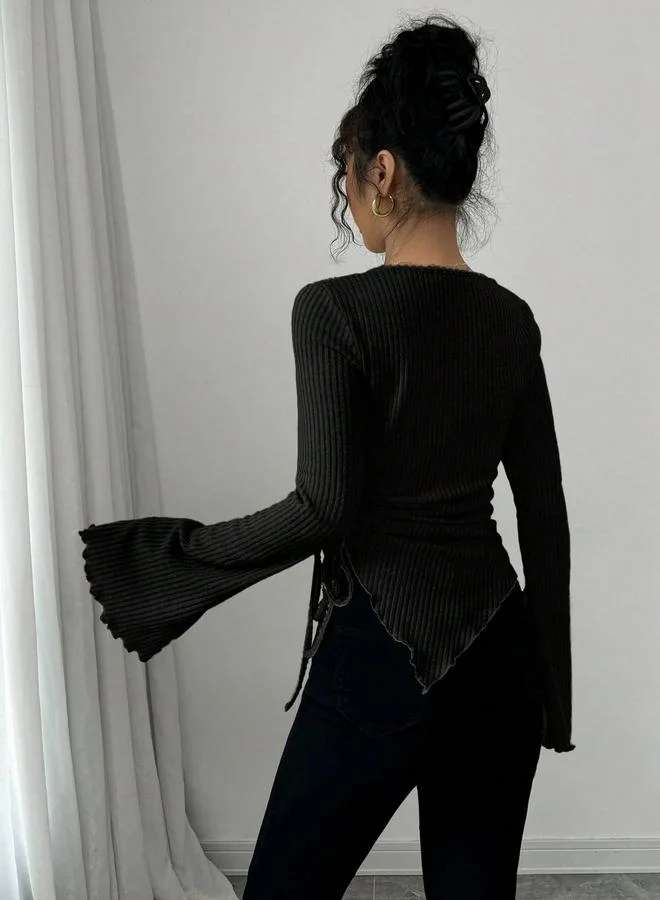 Take Two Women Black Ribbed Tie-Waist Top
