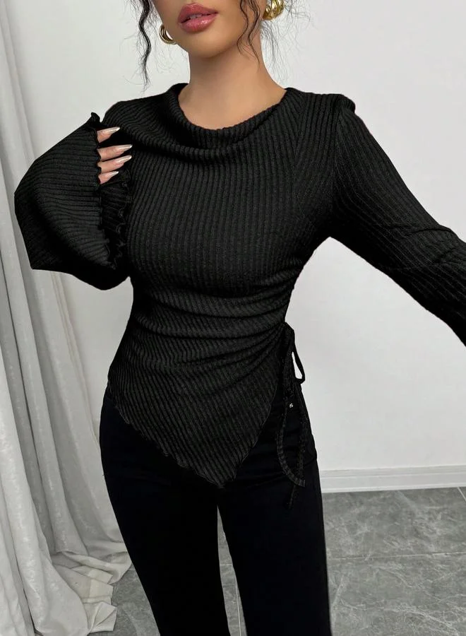 Take Two Women Black Ribbed Tie-Waist Top