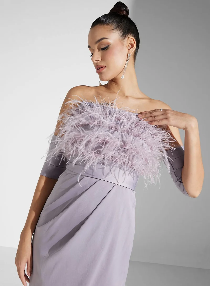 Iyra Feathered Off-Shoulder Dress
