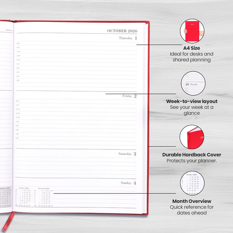 evelay 2024 2025 Academic A4 Week To View Hardback Diary Planner Organiser for School Student Teacher Mid Year (Red) - Image 4