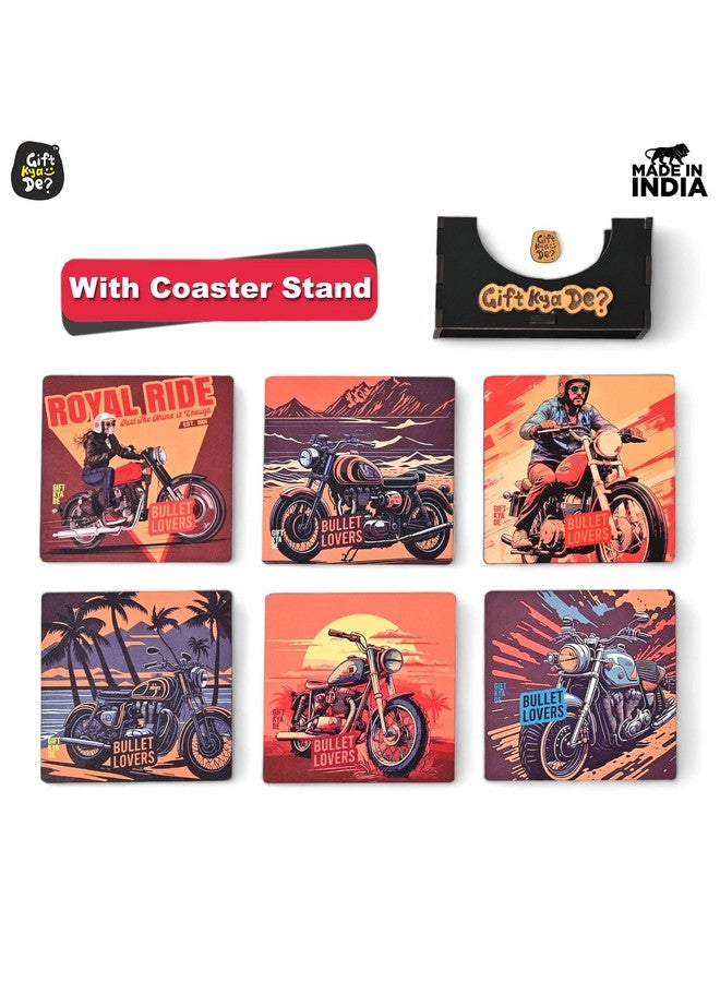 Gift Kya De GKD Coaster Set of 6 Bullet Bike Lover Gifts with Proper Coaster Stand Set fit for Tea Cups, Coffee Mugs and Glasses (Square 3.8 X 3.8 Inch) (RE Bike) - Image 2
