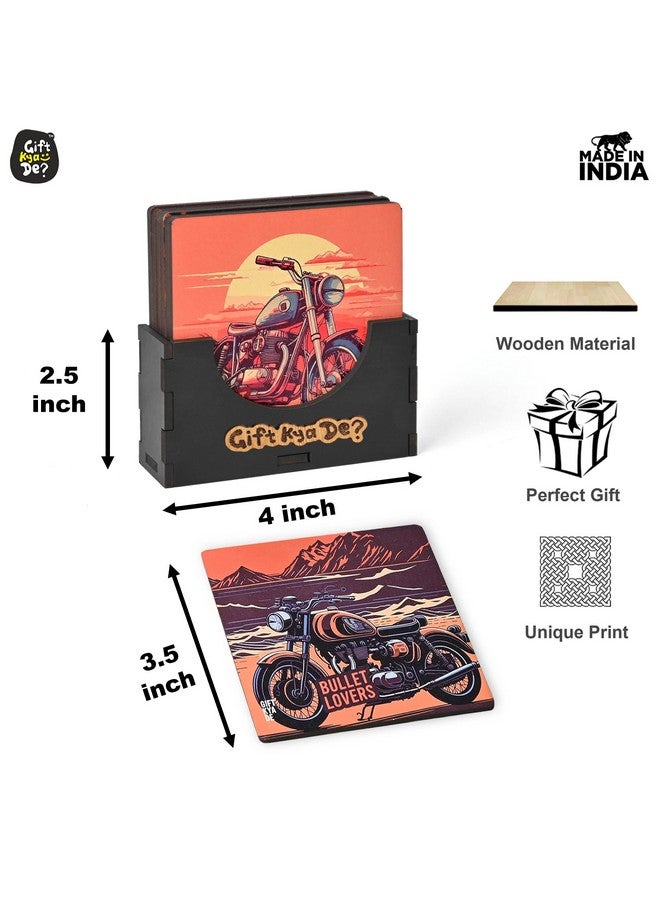 Gift Kya De GKD Coaster Set of 6 Bullet Bike Lover Gifts with Proper Coaster Stand Set fit for Tea Cups, Coffee Mugs and Glasses (Square 3.8 X 3.8 Inch) (RE Bike) - Image 3