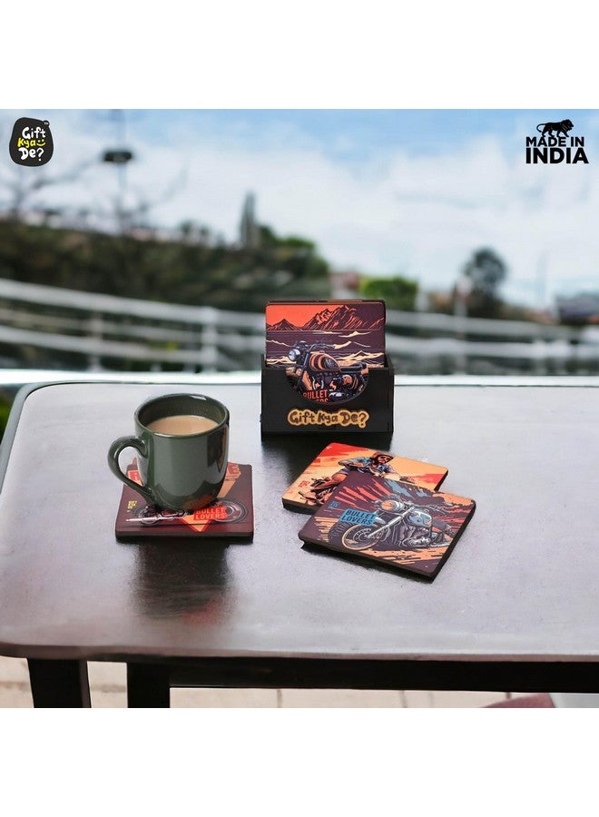 Gift Kya De GKD Coaster Set of 6 Bullet Bike Lover Gifts with Proper Coaster Stand Set fit for Tea Cups, Coffee Mugs and Glasses (Square 3.8 X 3.8 Inch) (RE Bike) - Image 4