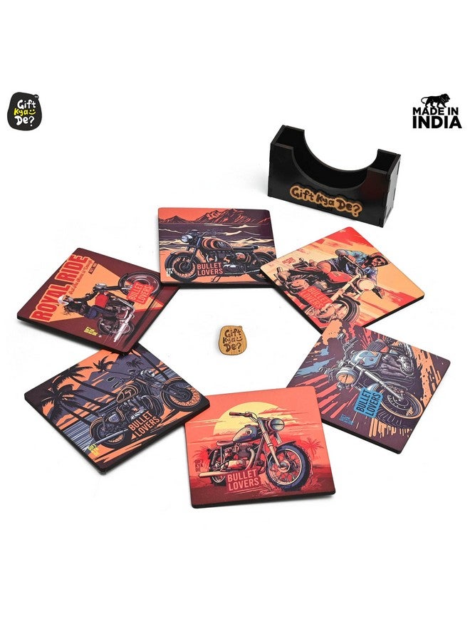 Gift Kya De GKD Coaster Set of 6 Bullet Bike Lover Gifts with Proper Coaster Stand Set fit for Tea Cups, Coffee Mugs and Glasses (Square 3.8 X 3.8 Inch) (RE Bike) - Image 5