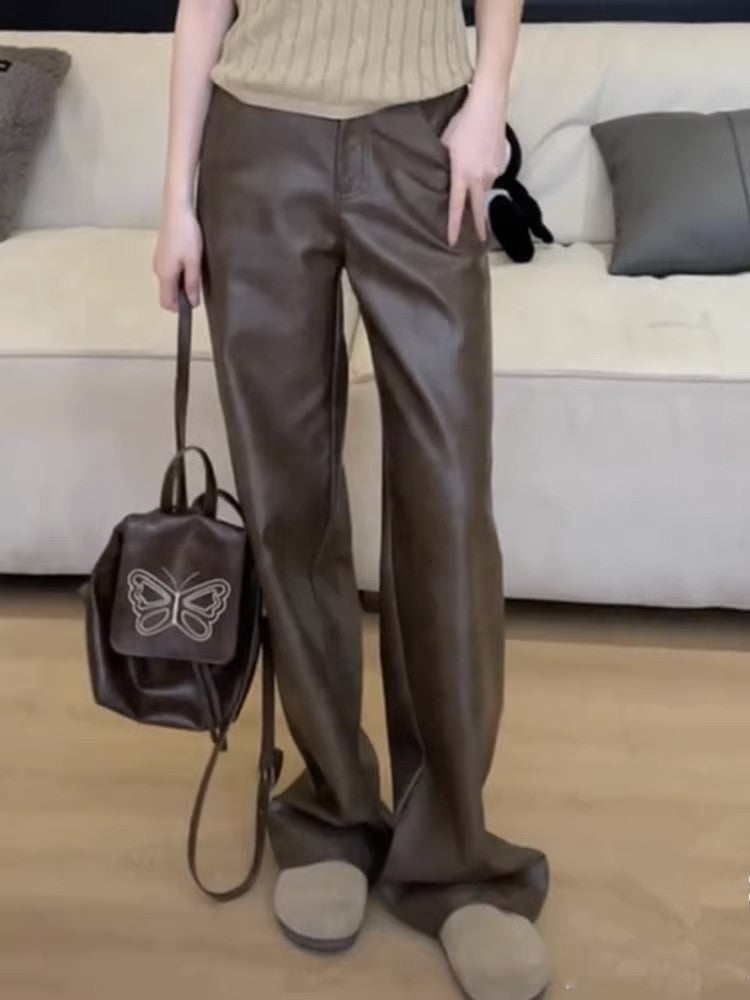 Plus Size Chubby Girl Brown Straight Casual Leather Pants Autumn New American Motorcycle Retro Low Waist Slimming Spice Girls Trousers - Image 1