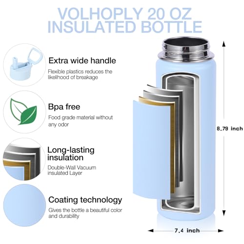 Volhoply 20oz Insulated Stainless Steel Water Bottle With Straw Lid Bulk 4 Pack,Kids Double Wall Vacuum Cups With Handle,Reusable Outdoor Sports Metal Bottles,Travel Flask Keep Cold(Green Blue,4) - Image 4