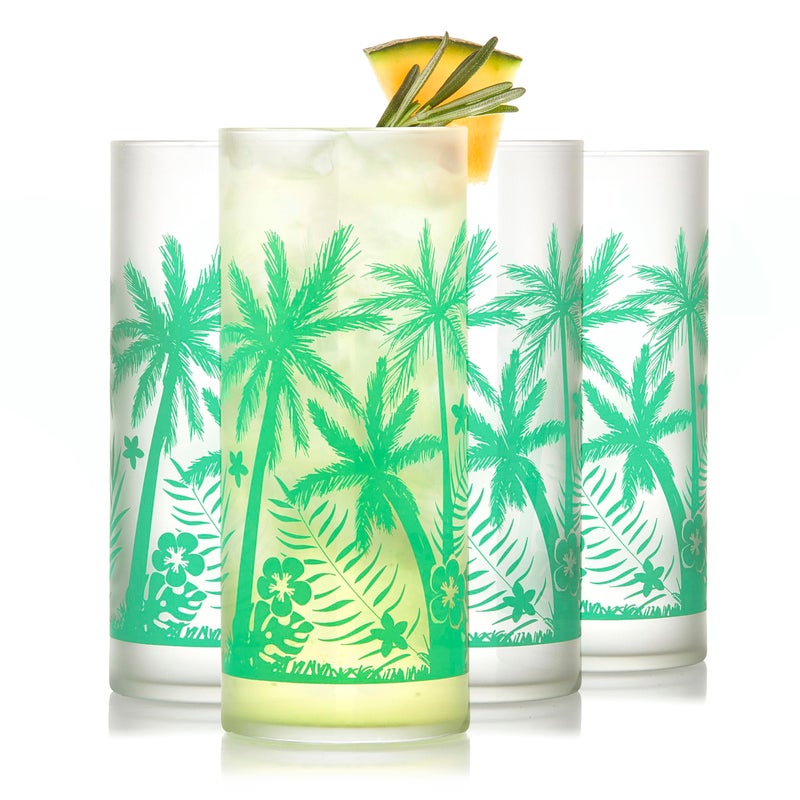 Libbey Vintage Palms Drinking Glasses Set of 4 Colorful Retro Palm Tree Design Glass Cups Set Dishwasher Safe Water Glasses Set for Cocktails