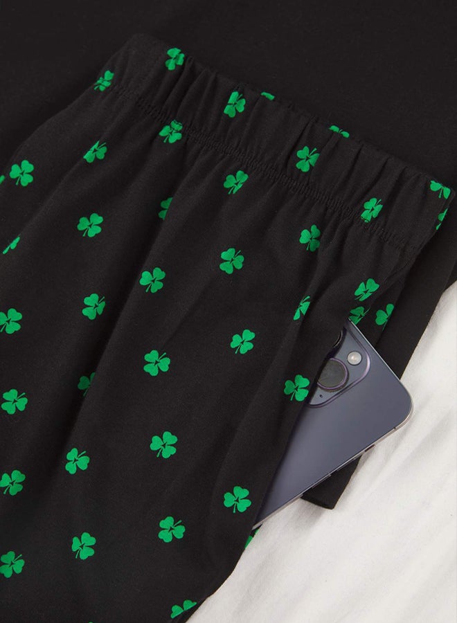 trendyol Black Regular Cut Clover Pattern Short Sleeve Knitted Pajama Set - Image 2