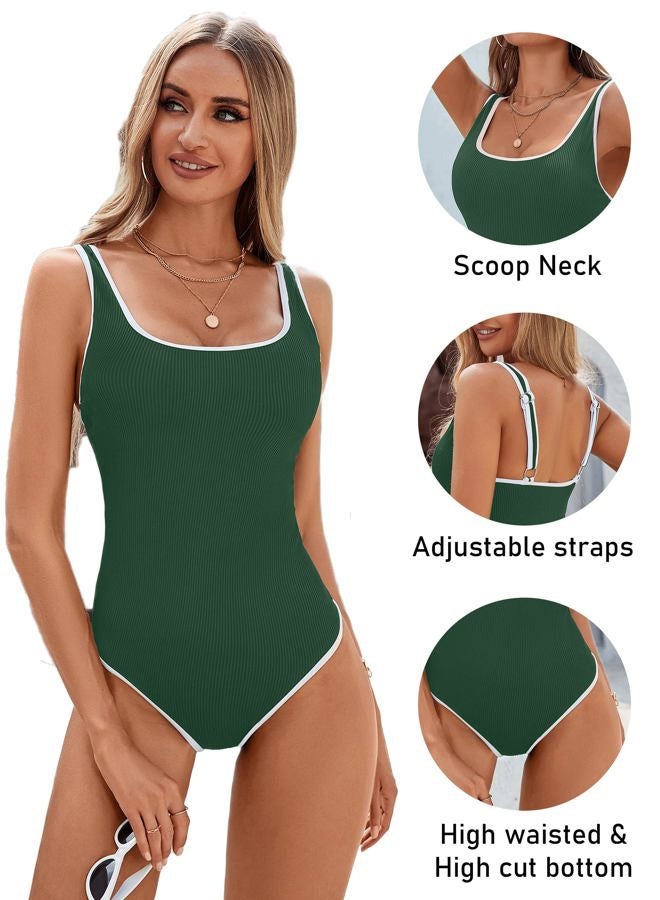BMJL Women's Tummy Control Swimsuits Ribbed One Piece Bathing Suit Slimming High Cut Monokini Swimwear(M,Blackish Green) - Image 3