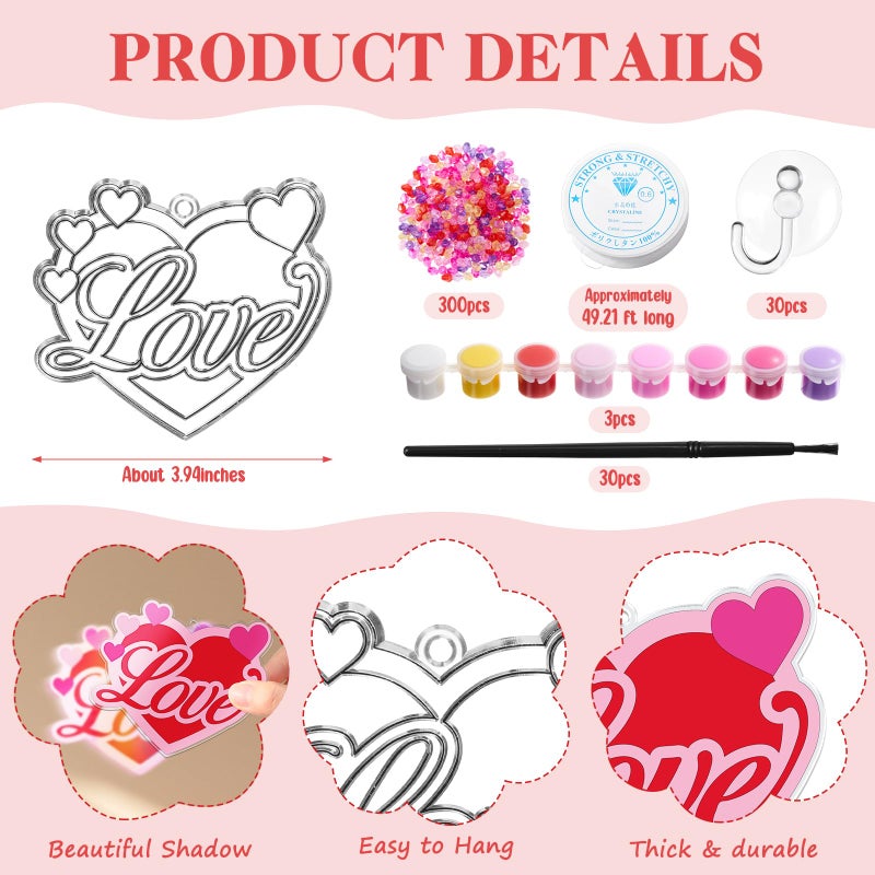 Dunzoom 30 Packs Valentine's Day Crafts, Heart Suncatcher Kit for Window Art, DIY Valentines Stained Glass Effect Painting Craft Kits, Classroom Valentine Gifts Party Favors Decorations - Image 2