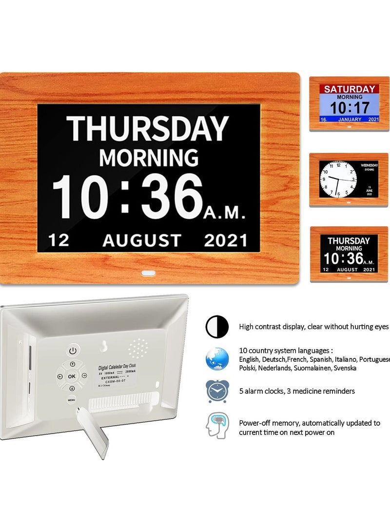 Digital Calendar Clock with Day and Date for Dementia Patients,  (7in Woodgrain)Elderly's Friendly Digital Clock Memory Loss Digital Calendar Clock High Contrast Digital Clock with Extra Large Display