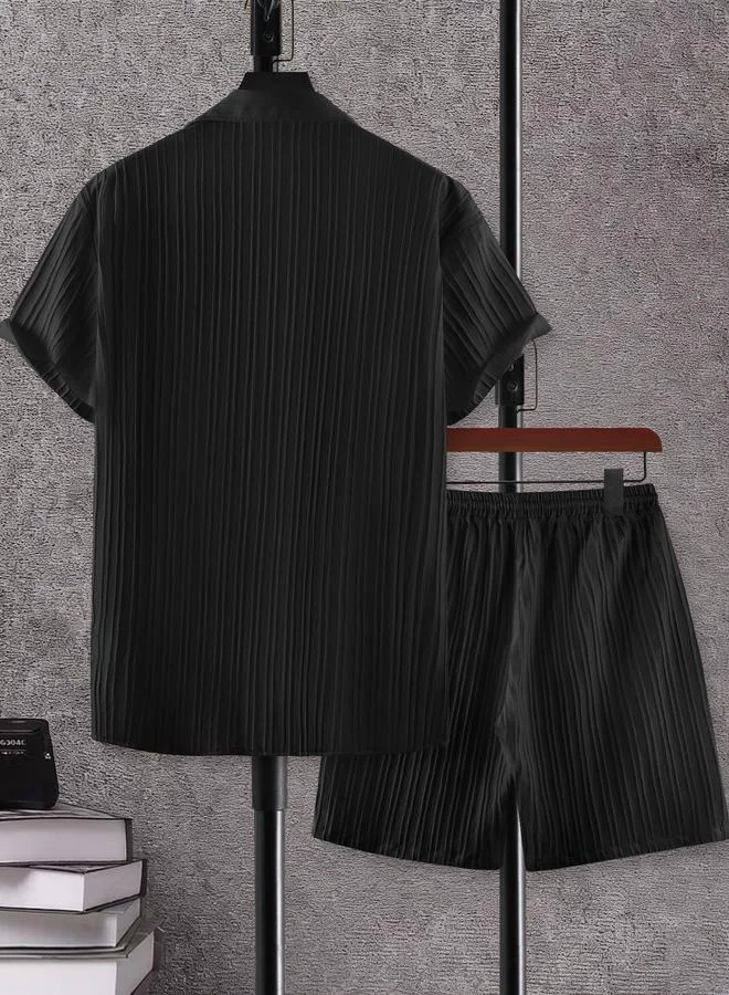 Take Two Men Black Jacquard Detail Short Sleeve Button Front Shirt and Shorts Co-Ords