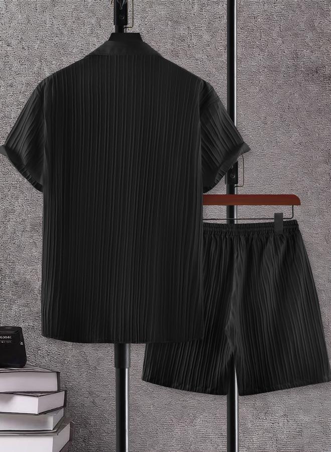 Take Two Men Black Jacquard Detail Short Sleeve Button Front Shirt and Shorts Co-Ords - Image 2