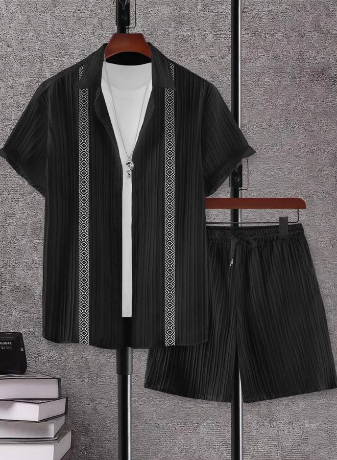 Take Two Men Black Jacquard Detail Short Sleeve Button Front Shirt and Shorts Co-Ords