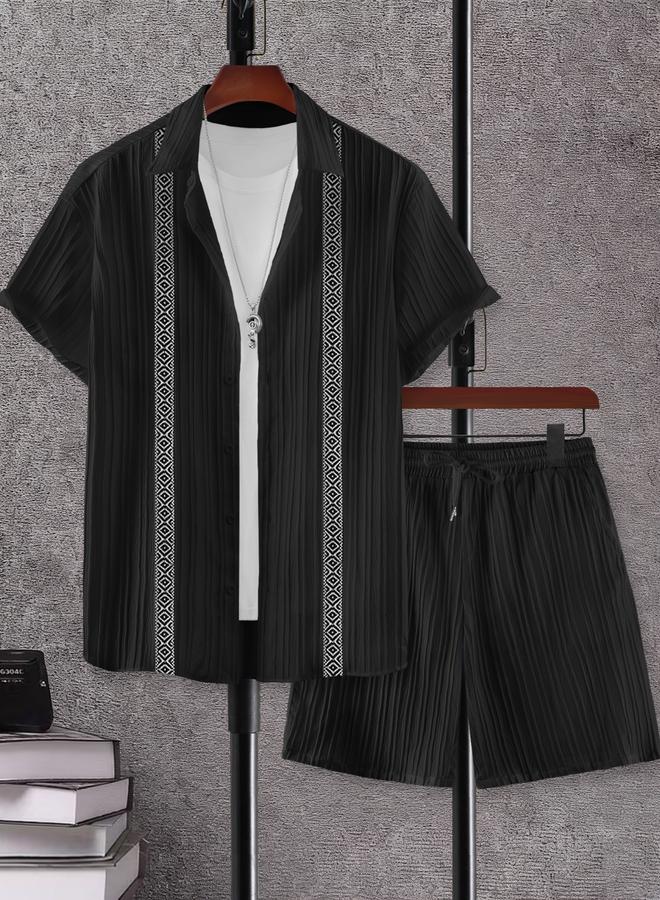 Take Two Men Black Jacquard Detail Short Sleeve Button Front Shirt and Shorts Co-Ords - Image 1