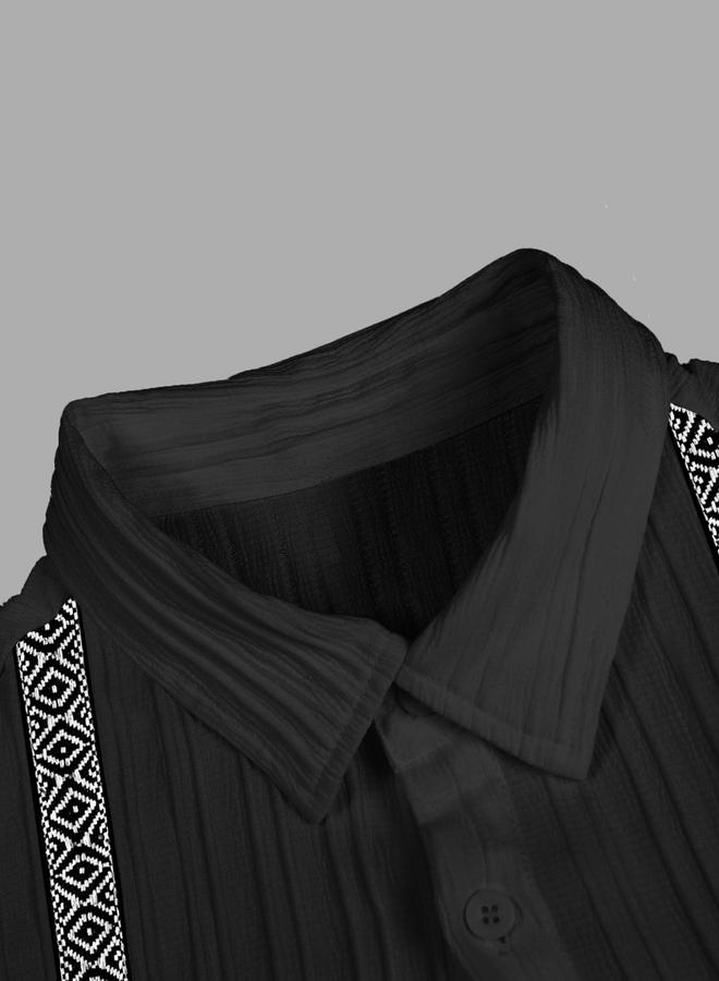 Take Two Men Black Jacquard Detail Short Sleeve Button Front Shirt and Shorts Co-Ords - Image 5