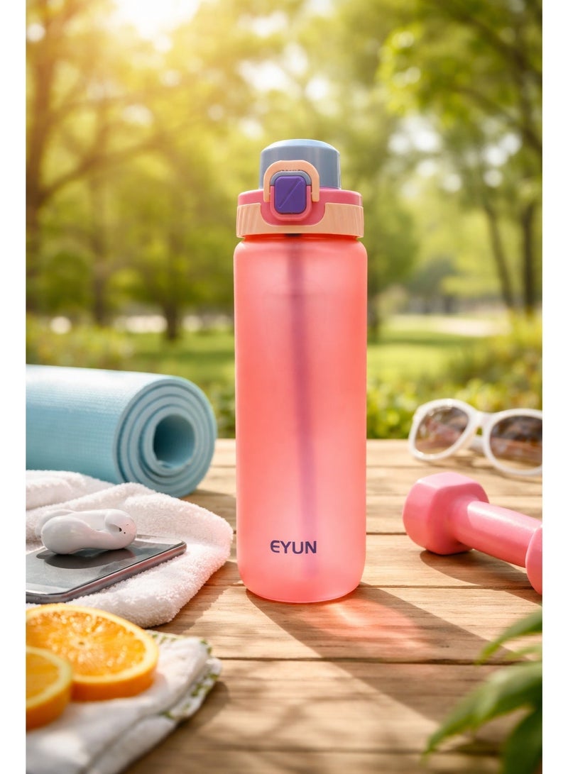 EYUN 1000ml Frosted Water Bottle with Straw – Leakproof Reusable Sports Bottle with Carry Strap for School, Gym & Travel-Dark Pink - Image 3