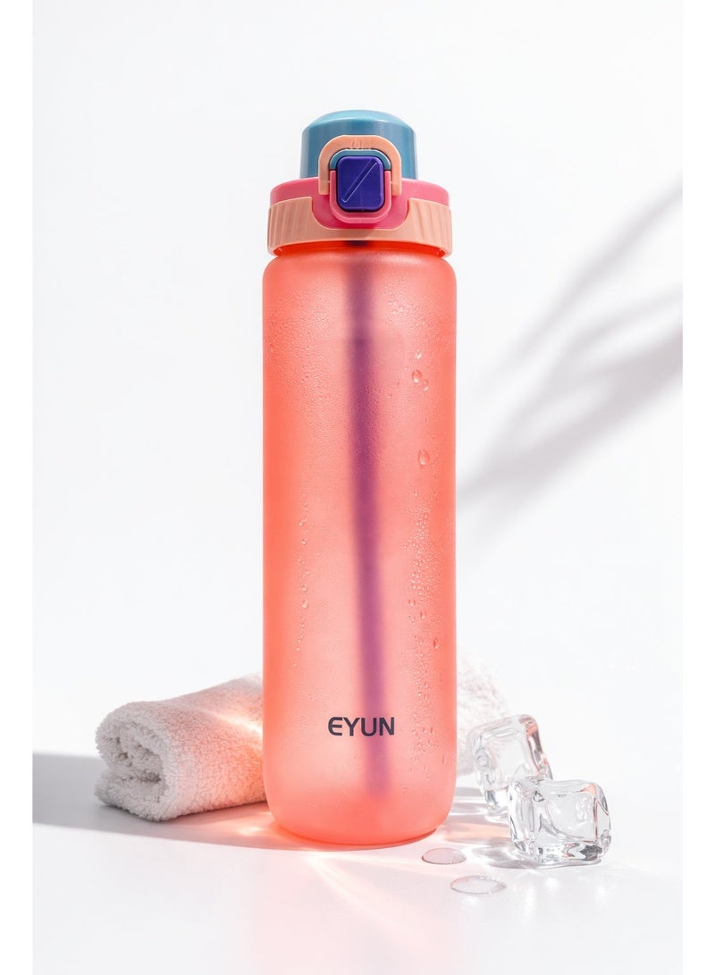 EYUN 1000ml Frosted Water Bottle with Straw – Leakproof Reusable Sports Bottle with Carry Strap for School, Gym & Travel-Dark Pink - Image 2