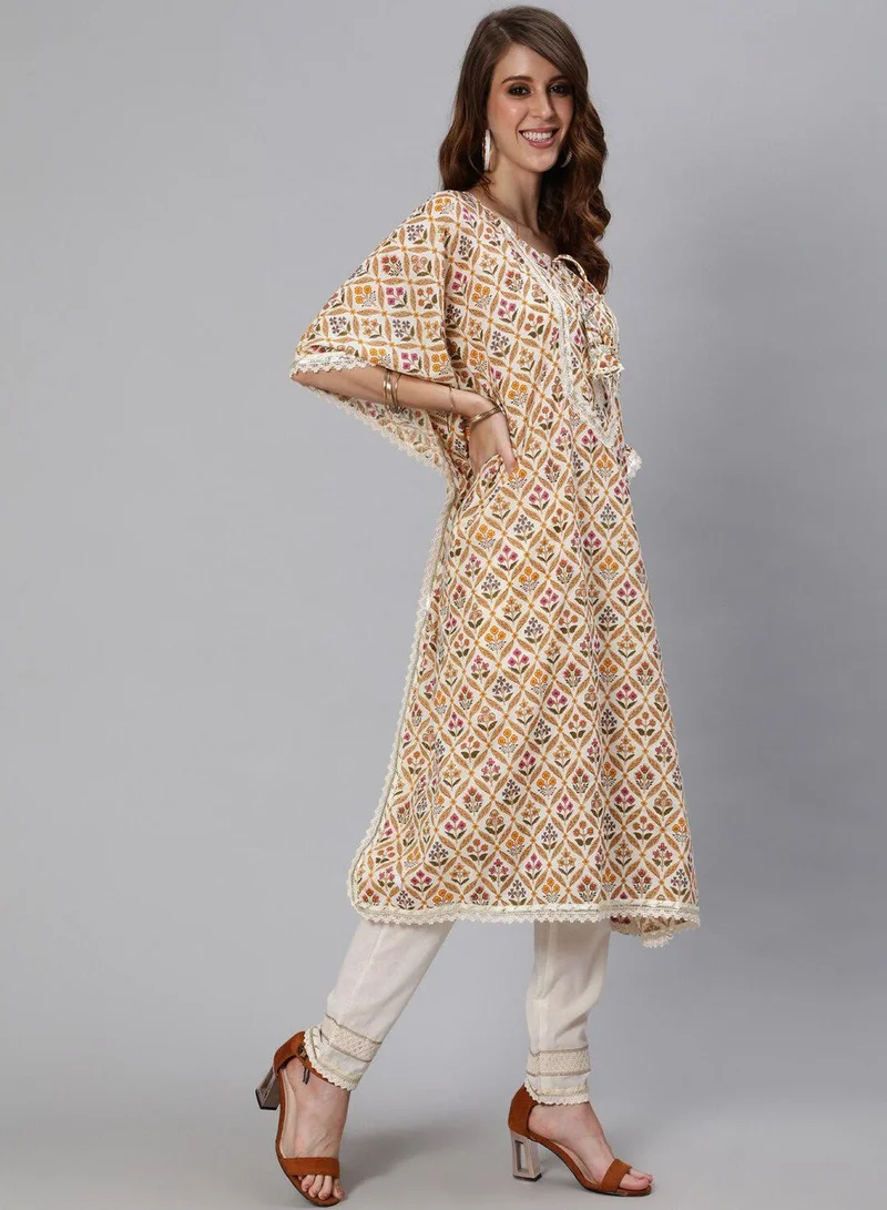 آي شين Women's Off White 100% Cotton Printed Tunic Full Length Casual Regular Fit Kurta Set