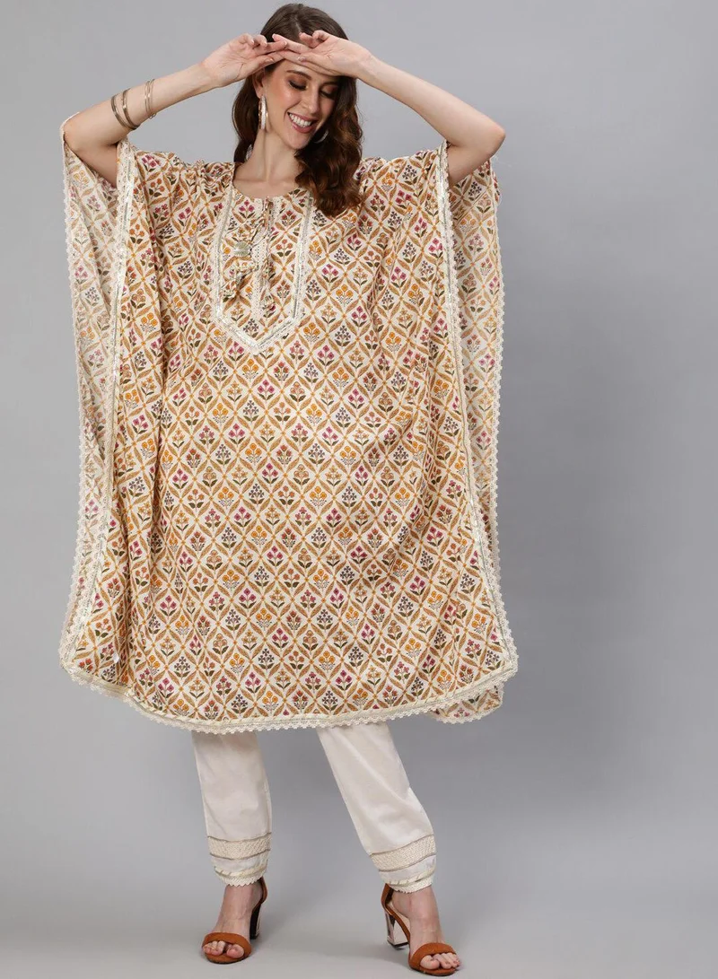 آي شين Women's Off White 100% Cotton Printed Tunic Full Length Casual Regular Fit Kurta Set