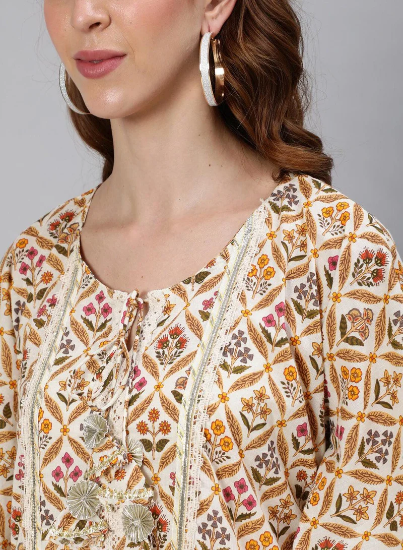 آي شين Women's Off White 100% Cotton Printed Tunic Full Length Casual Regular Fit Kurta Set