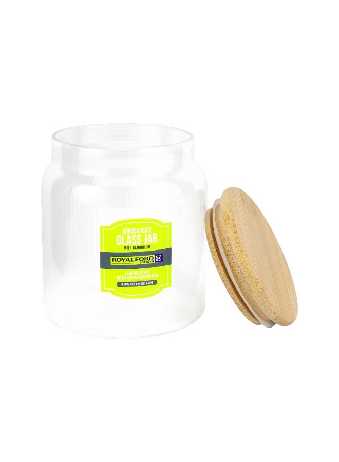 Royalford 600 ml Round Borosilicate Glass Jar with Airtight Bamboo Lid-RF12776/ Container with Silicone Sealing Ring, Dishwasher Safe clear - Image 1