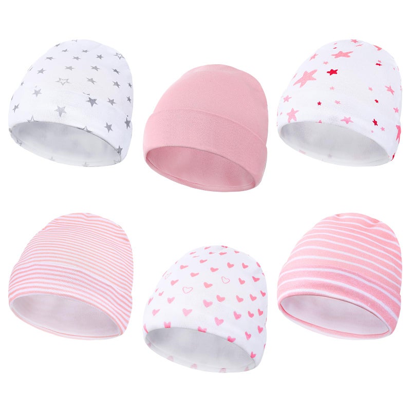 Newcotte 6 Pcs Preemie Baby Hats Cotton Preemie Caps Warm Newborn Beanie Premature Hat for Nicu Premature Boy GirlPink ColorStriped and Heart Style