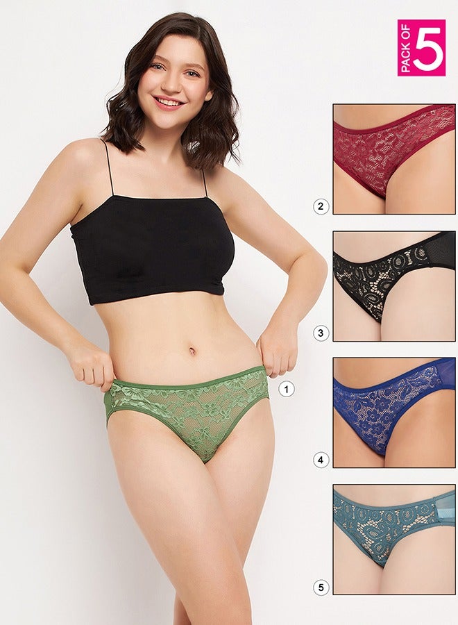 Clovia Pack of 5 Low Waist Sheer Bikini Panty - Lace - Image 1