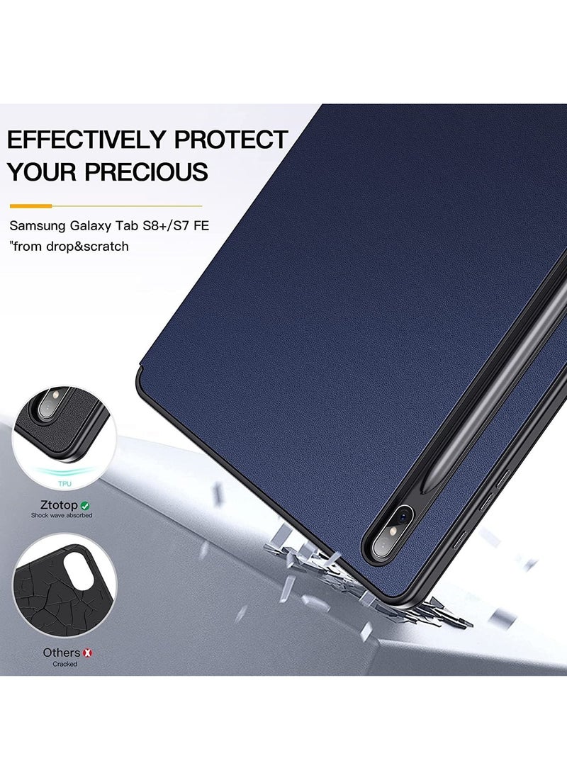 Smart Case for Samsung Galaxy Tab S8 Plus 2022/S7 FE/S7 Plus 12.4 with Pencil Holder, Soft TPU Smart Stand Back Cover Auto Wake/Sleep Feature - Blue - Image 3
