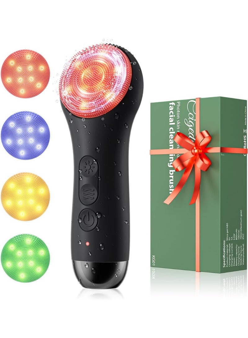 Ccigedy Gentle LED Facial Cleansing Brush, 4-Light Mode Liquid Silicone Face Scrubber & Exfoliator, IPX7 Waterproof, Rechargeable (Black) - Image 1