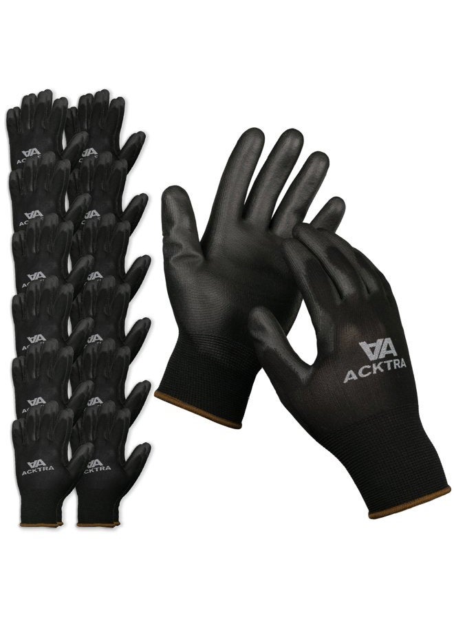 ACKTRA Ultra-Thin PU Safety WORK GLOVES 12 Pairs, WG002 Black/Black, Medium - Image 1