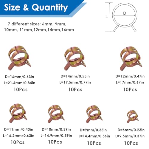 Tnisesm 70 Pcs 6-16mm Spring Hose Clamp Assortment kits, Silicone Vacuum Hose Action Pipe Clamp Low Pressure Air Clip Clamp for Hose Clamps(6mm, 9mm, 10mm, 11mm, 12mm, 14mm, 16mm) TN-23 - Image 2