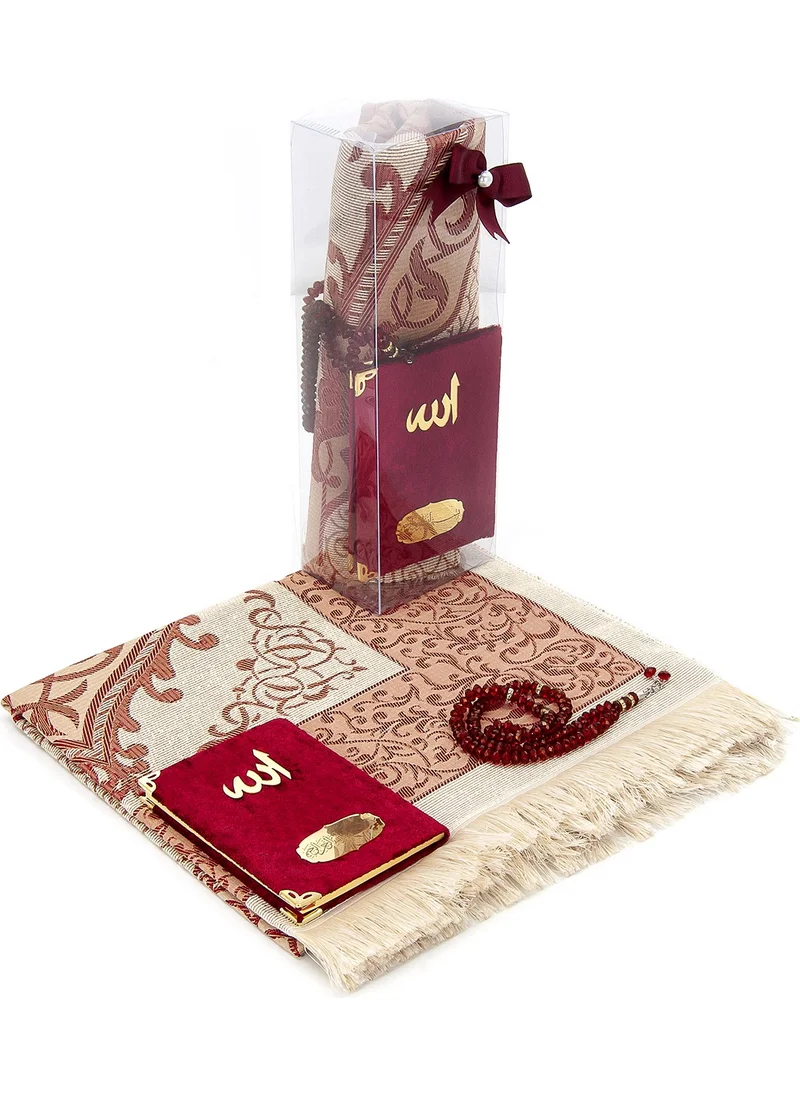 İhvan Online Pocket Size Velvet Yasin Book - Prayer Rug - Prayer Beads and Mawlid Gift with Transparent Box - Claret Red
